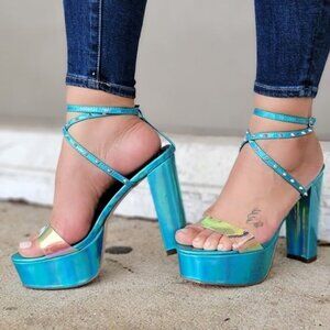 Women's‎ Studded Platform Ankle Strap High Heel Sandal Blue Metalic Color